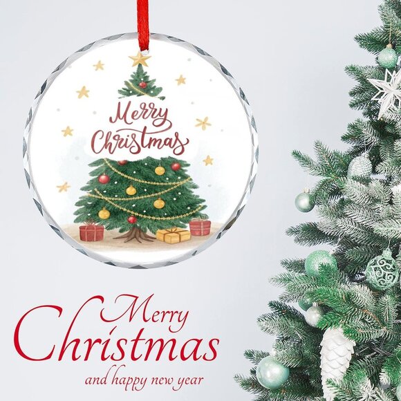 NEW -Glass Circular Ornament Pendant - Merry Christmas - Picture 1 of 9